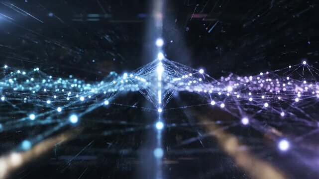 A futuristic abstract visualization depicts a complex network of interconnected nodes and glowing lines against a dark, atmospheric background, suggesting data flow and technological innovation.