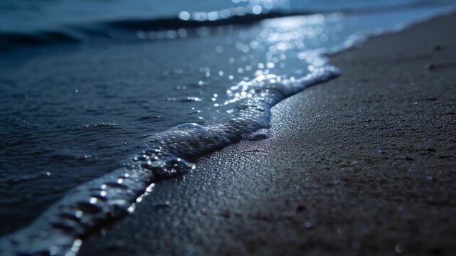 Following tide, foam ridge pulling shallow seawater across wet sand at night, moonlight glinting