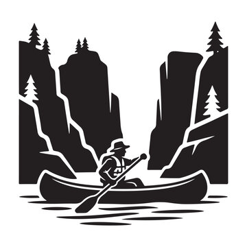 Solo canoer in life vest and hat navigating through river canyon with pine trees on top.