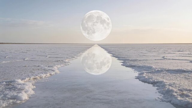Glowing moon and mirrored reflection shifting over salt flat, sun warming horizon causing ripples