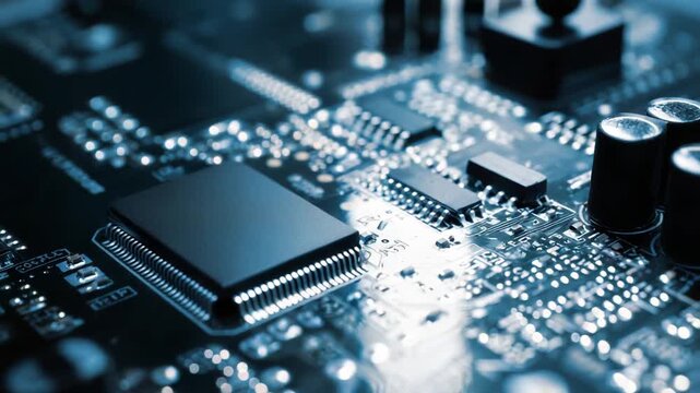 Microchip and electronic components populating a circuit board, embodying information technology, digital processing, and a future of innovation and high tech connectivity