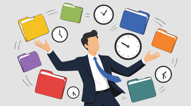Busy faceless businessman juggling multiple office folders and wall clocks, flat vector illustration representing multitasking, time management, work stress, and corporate efficiency.