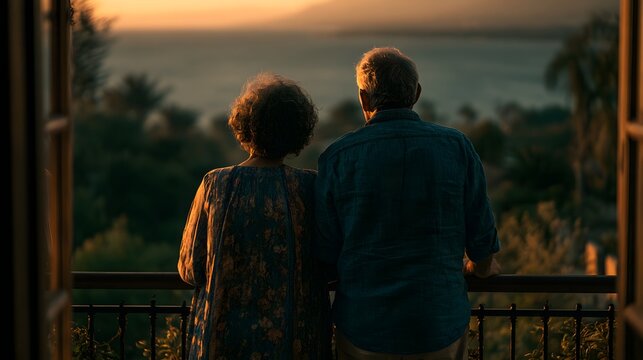 Couples enjoying sunset view, framed by balcony railing and lush greenery