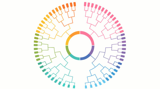 Abstract circular tournament bracket chart for competition playoffs and sports championship structure, modern flat vector illustration on a clean light background for business or gaming events.