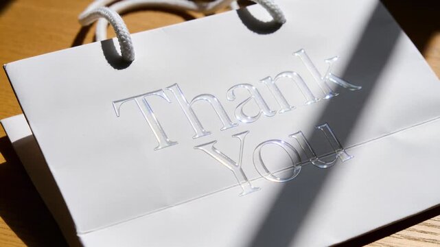 White paper bag on wood table, sunlight moving, casting shadow over raised Thank You and handles