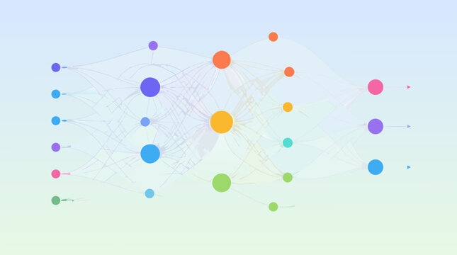 Abstract flat vector illustration showing machine learning neural network nodes connecting through digital lines, representing artificial intelligence, data processing, and complex algorithms.