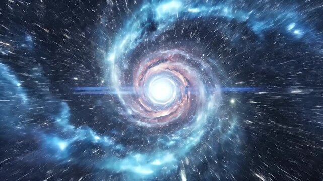 A vibrant and swirling cosmic vortex dominates the image, showcasing a mesmerizing blend of colors and celestial phenomena against a backdrop of deep space.