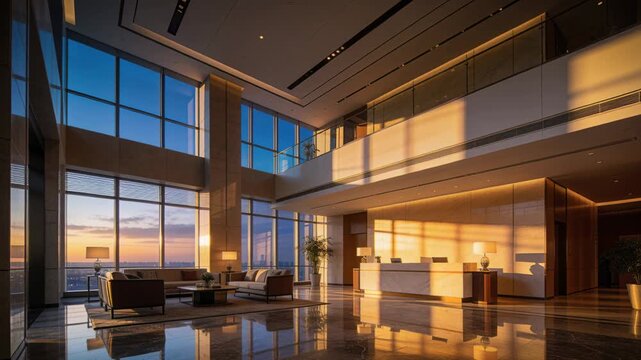 Sunset shifting sunlight crossing reception desk and sofas in lobby, stretching floor reflections