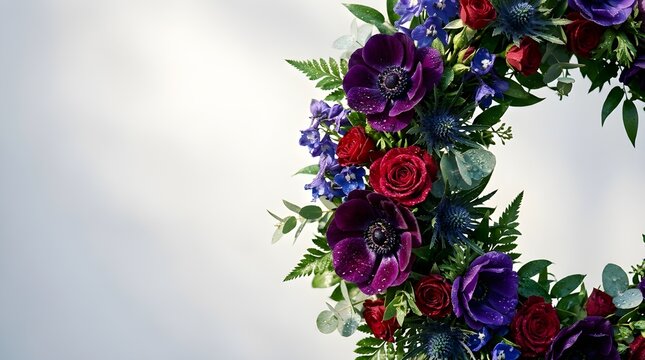 A beautiful circular floral arrangement featuring deep purple anemones, blue thistles, and red roses, set against a soft, subtly lit background