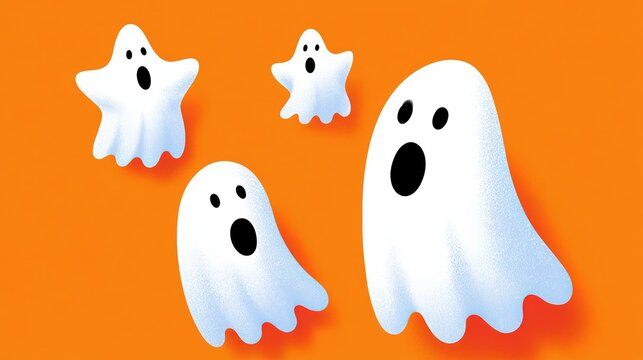 Vibrant orange background Halloween illustration with four stylized white ghosts, star-shaped and fluid ghost silhouettes with black facial features, opposite viewing directions, cute minimalist spook