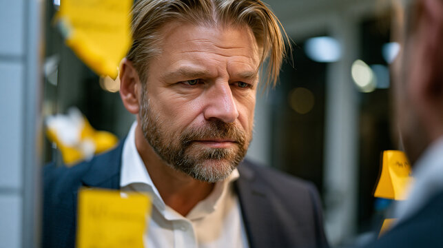 Businessman in his forties staring into a bathroom mirror before a major presentation, suit jacket on, face conflicted, sticky notes with affirmations peeling off the glass, the silent internal batt