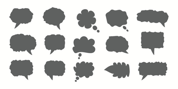 Collection of grey speech bubbles and thought clouds for comics and illustrations