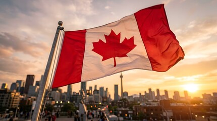 Naklejka premium Happy canada day celebration with canadian flag waving in toronto cityscape at sunset