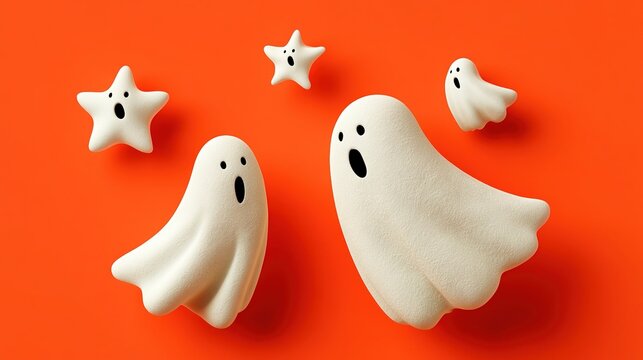 Vibrant orange background Halloween illustration with four stylized white ghosts, star-shaped and fluid ghost silhouettes with black facial features, opposite viewing directions, cute minimalist spook