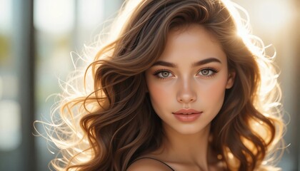 Naklejka premium Radiant young woman portrait with flowing sunlit hair