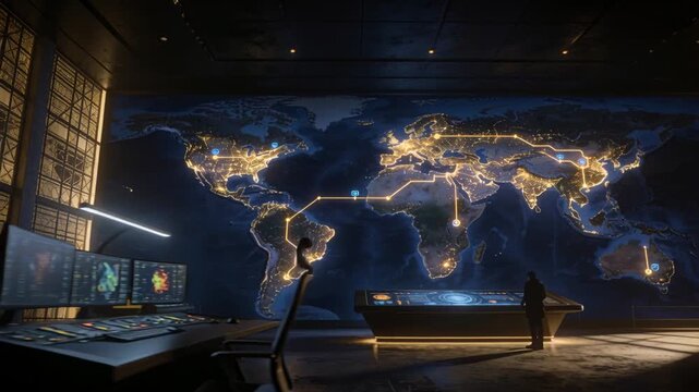 Monitoring dark operator moving closer to console at control room, map pulsing and lighting routes