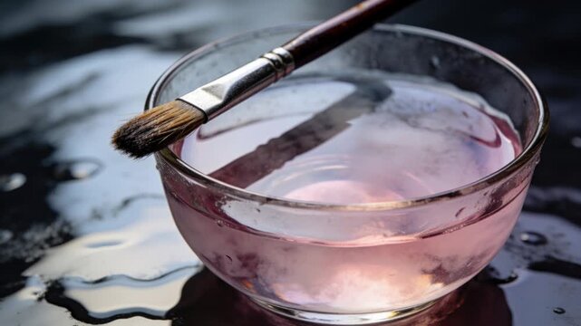 Showing clear glass bowl forming milky plume in pink liquid on glossy tabletop, with brush resting