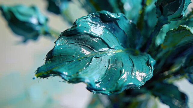 Shifting camera revealing large teal painted leaf in studio, highlighting glossy impasto ridges