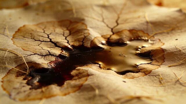 Spreading dark liquid puddle seeping into aged paper on table from droplet impact, deepening rings