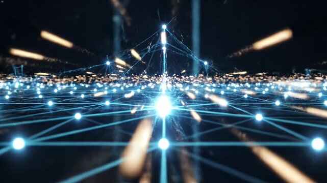 A futuristic abstract visualization depicts a complex network of interconnected nodes and glowing lines, suggesting data flow and digital connectivity.
