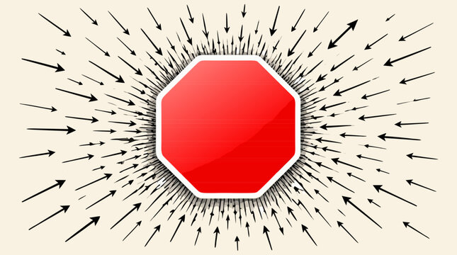 Conceptual flat vector illustration of a large red stop sign effectively blocking a swarm of incoming negative stress arrows, representing mental resilience, boundary setting and firm protection.