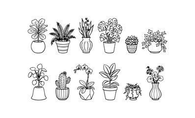Obraz premium Minimalist hand drawn vector plant line art collection featuring various indoor houseplants in decorative pots