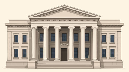 Fototapeta premium Elegant Flat Vector Illustration of a Majestic Central Bank Building Featuring Classic Greek Columns and Neoclassical Architecture on a Clean Light Background for Finance and Banking Design.