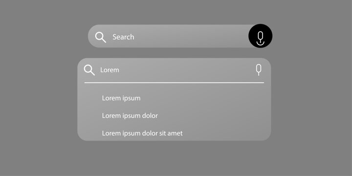 Modern Glassmorphism Search Bar Interface Design with Dropdown Menu and Voice Search