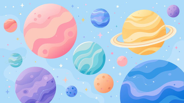 Abstract outer space background featuring colorful stylized planets and stars, vibrant flat vector illustration exploring the universe and cosmos for educational and sci-fi design projects.