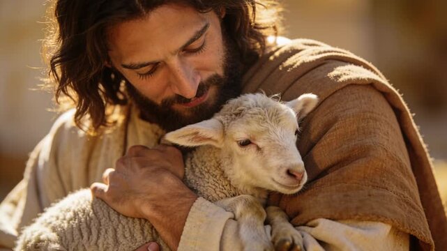 Cradling bearded man wearing cloak seeing lamb settling and leaning in, soothing lamb at warm field