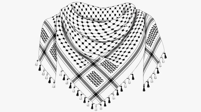 Traditional black and white checkered shemagh scarf also known as keffiyeh, flat vector illustration on a light background representing Middle Eastern cultural heritage and ethnic desert attire.