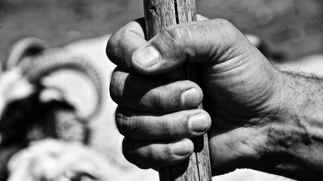 Reacting to ram movement, callused hands tightening and adjusting grip on worn staff in pasture