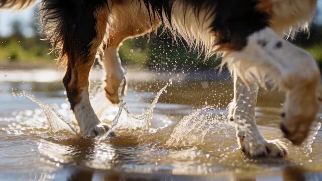 Walking tricolor dog entering sunlit shallow stream with first paw, creating splashes heading bank