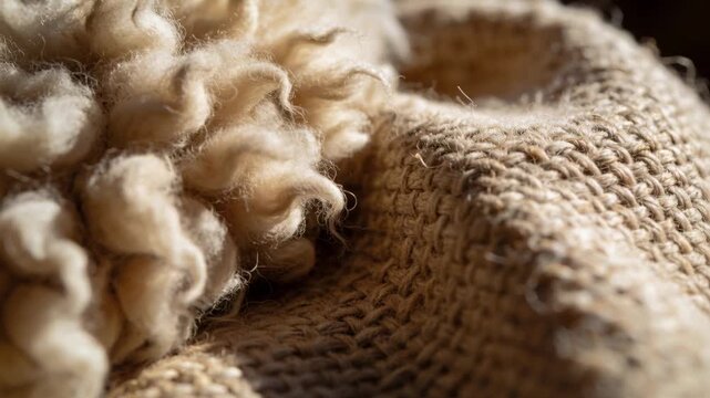 Shifting camera showing beige wool overlapping woven knit on warm surface, revealing stitch detail