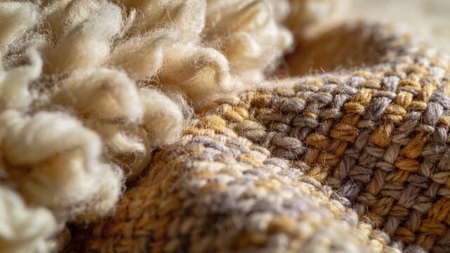 Shifting focus, camera panning right over throw on couch studying boucle and mustard stitch detail