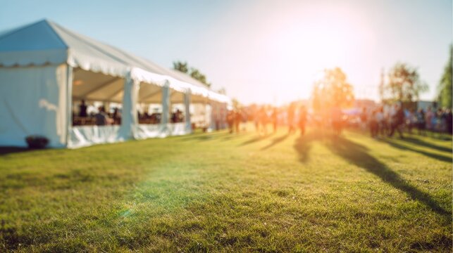Outdoor event tent on green grass with blurred people, lens flare, bright sunshine, festival atmosphere