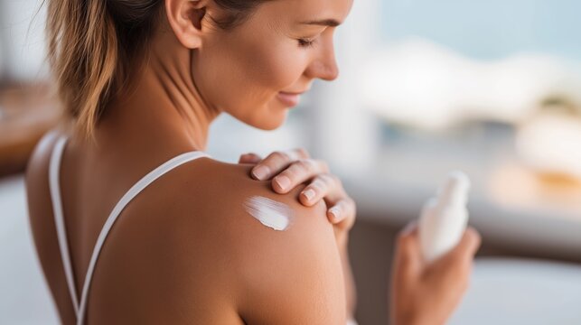 Woman protecting skin, applying sunscreen lotion on shoulder, promoting health, skin care, and beauty routine