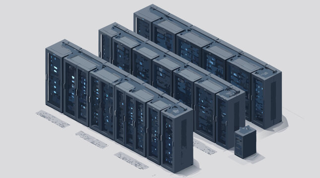 Massive data center server racks in a sleek isometric view. A flat vector illustration showcasing modern cloud computing infrastructure, big data storage, and advanced technology networking systems.