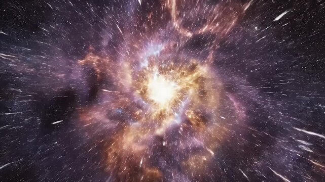 A vibrant and swirling cosmic vortex dominates the image, surrounded by a field of stars and a lone spacecraft, creating a breathtaking view of interstellar space.