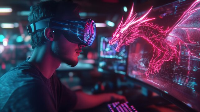 Side view of a male gamer wearing a virtual reality headset in a dark room, featuring a glowing pink holographic dragon emerging from a computer screen with neon blue and magenta lighting.
