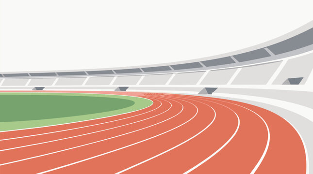 Professional Athletic Running Track Lanes Curving Through a Modern Sports Stadium, Minimalist Flat Vector Illustration of Red Racing Lanes and White Boundary Lines on a Light Background
