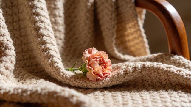 Pulling focus, camera revealing peach-pink carnation on cream throw, accenting contrast, copy space