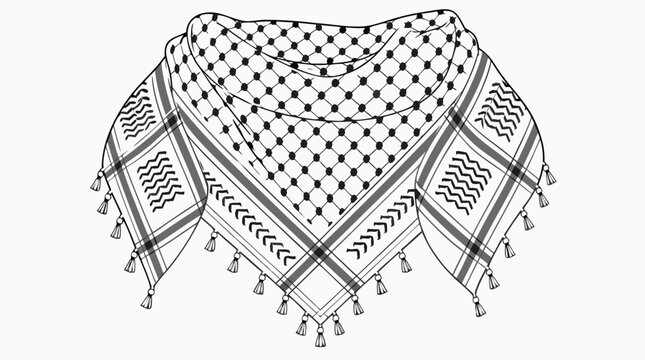 Detailed flat vector illustration of a traditional black and white checkered shemagh scarf, showcasing authentic middle eastern kaffiyeh patterns on a minimalist light background.