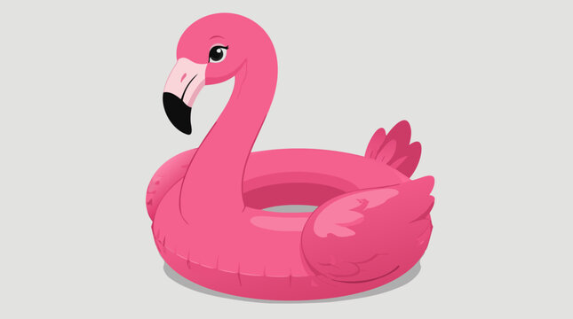 Fun inflatable pink flamingo swimming pool ring, flat vector illustration of a trendy summer toy and water floatie for vacations and pool parties, isolated on a clean light background.