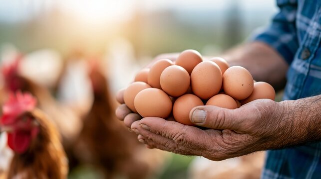 Weathered senior Caucasian farmer hands holding fresh brown eggs with free-range chickens in soft sunlight on an organic farm