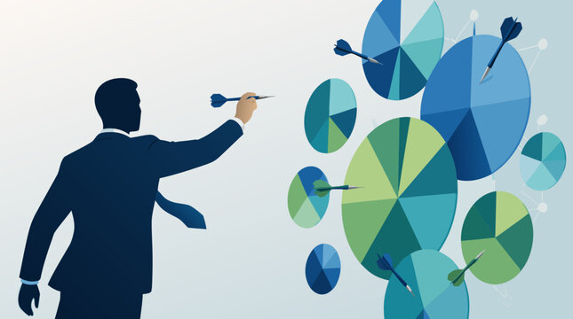 Professional Investor Throwing Sharp Darts at a Dartboard Made of Colorful Business Pie Charts, Concept of Financial Strategy and Data Analysis in Minimalist Flat Vector Illustration Style.