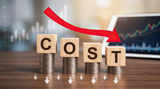 Business cost reduction concept with wooden blocks on coin stacks and downward arrow reduction business decrease spending investment financial analysis strategy management