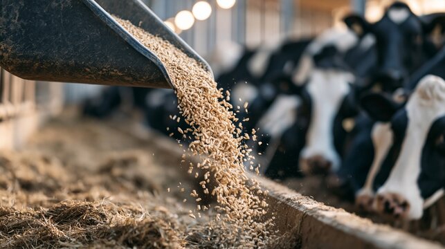 Close-up of grain pellets pouring from a feed scoop into a feeding trough in a cattle barn with cows blurred in the background