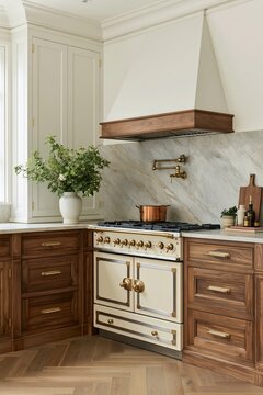 Cream range cooker with antique brass pot filler in a kitchen corner featuring walnut cabinetry and marble backsplash illuminated by warm light