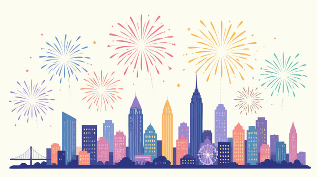 Colorful fireworks exploding over a modern city skyline with skyscrapers and buildings, flat vector illustration of a festive urban celebration on a clean light background, commerce ready.
